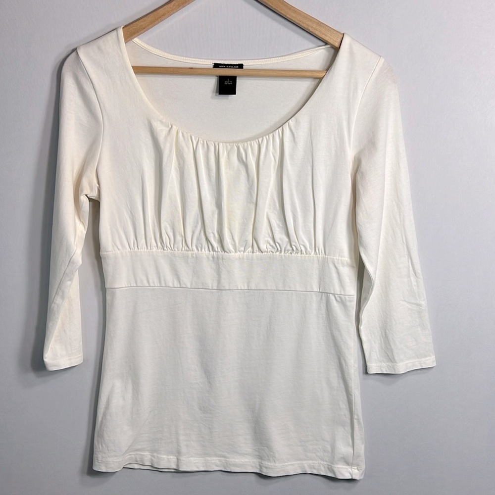 Ann Taylor Cream 3/4 Sleeve Top with Ruched Bust size S